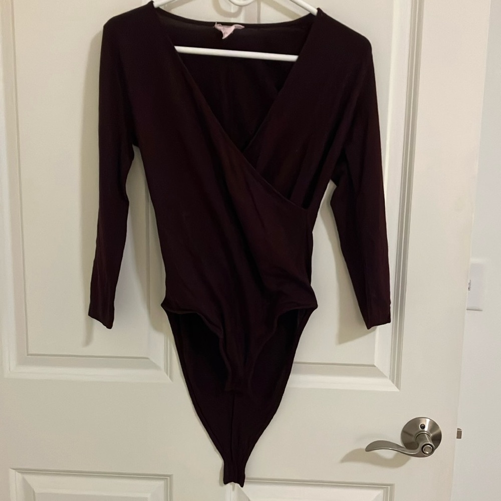 LOFT Purple Bodysuit with Plunging V-Neck and Long Sleeves